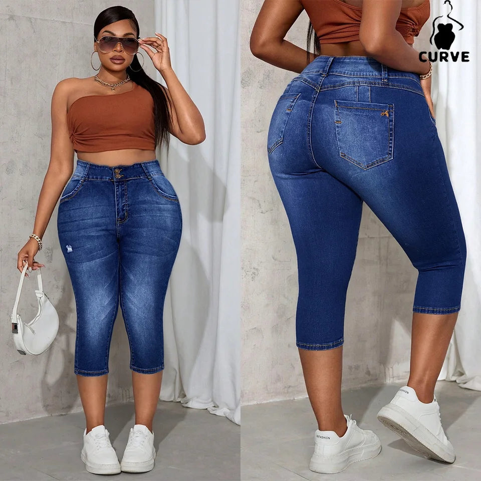 Plus-Size Women's High-Waisted Skinny Stretch Denim Capris Women's Classic Washed Versatile Straight-Leg Cropped Denim Jeans