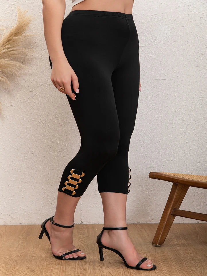 Elegant Plus Size Women's Capri Pants with Chic Metal Chain Detail High-Elasticity Fashionable Casual Solid Mid-Calf Trousers