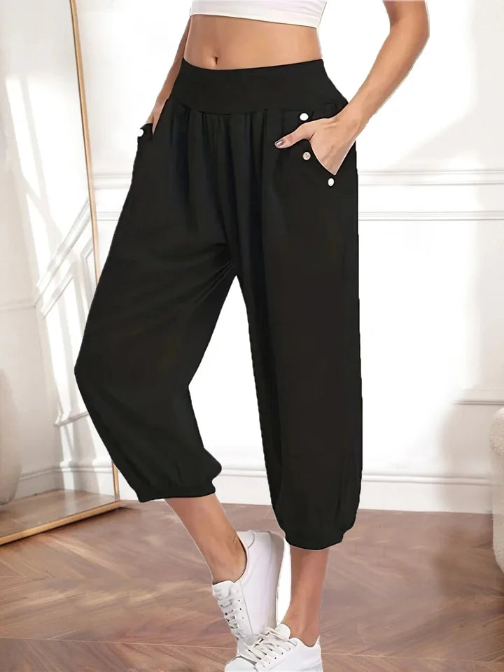 Plus-size 1XL-5XL Women's  Casual Waist Capri Pants Fashion Button-up Pants Women's Solid Color Pocket Capri Pants