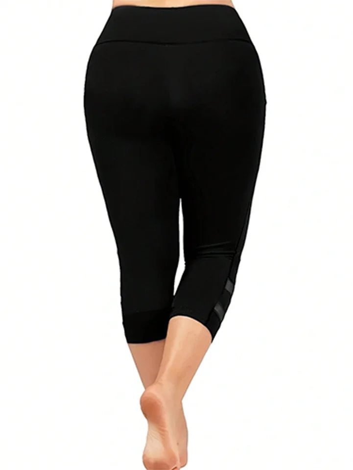 Plus Size Casual Leggings, Women's Plus Plain High Rise Contrast Mesh Capri Leggings