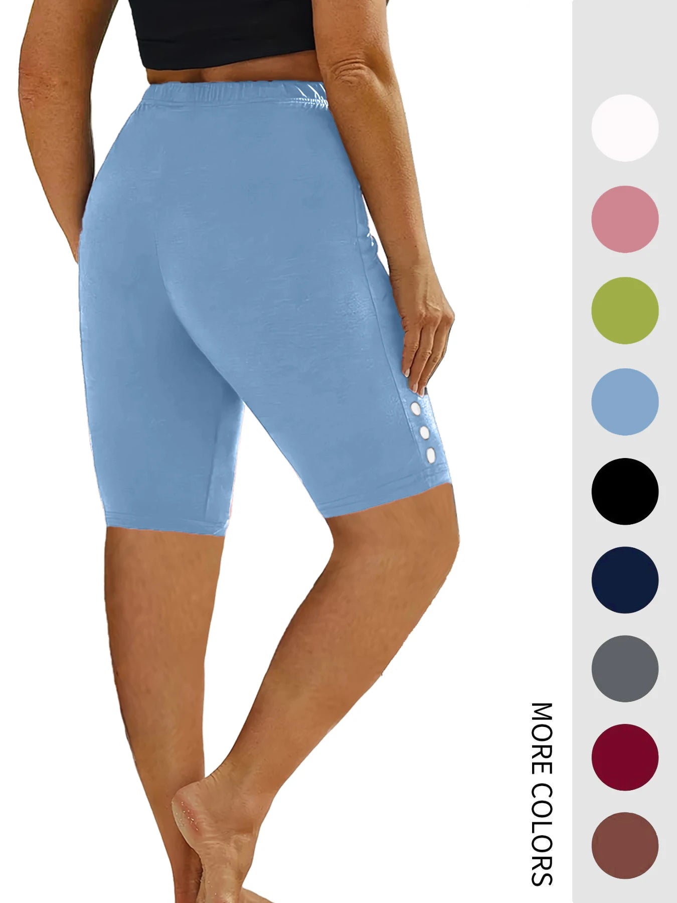 Plus-size 5-quarter pants with button embellishments and elastic waistband for fitness, capri, and running.