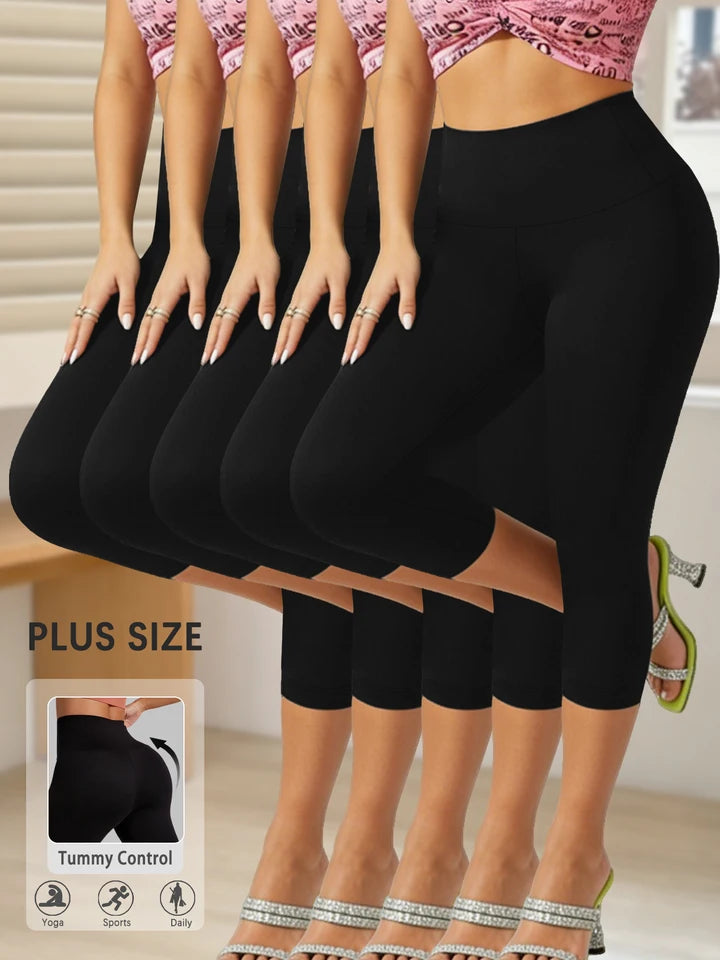 5 pack Plus Size Leggings for Women Super soft High Waisted Tummy Control Yoga Capri Pants Workout Running Leggings