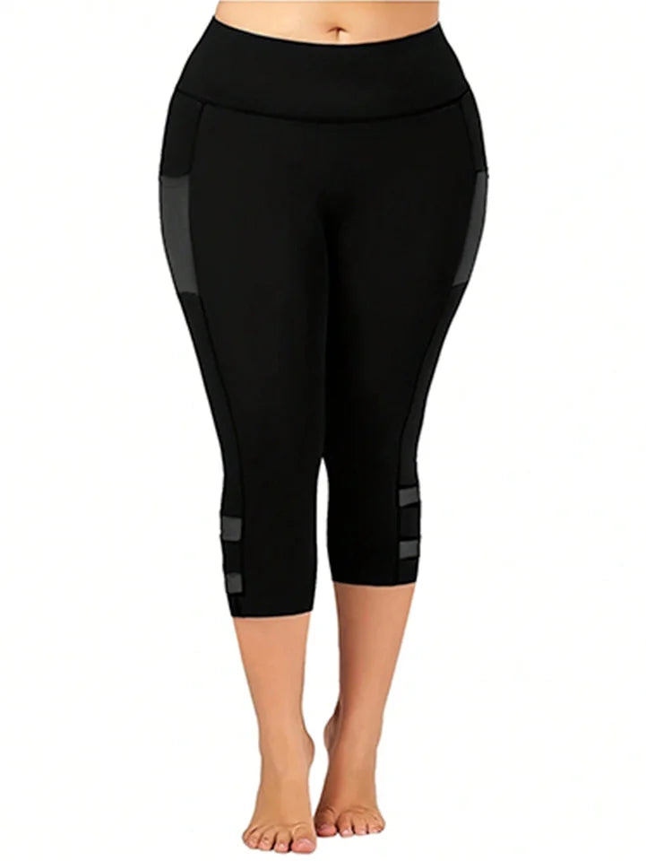 Plus Size Casual Leggings, Women's Plus Plain High Rise Contrast Mesh Capri Leggings