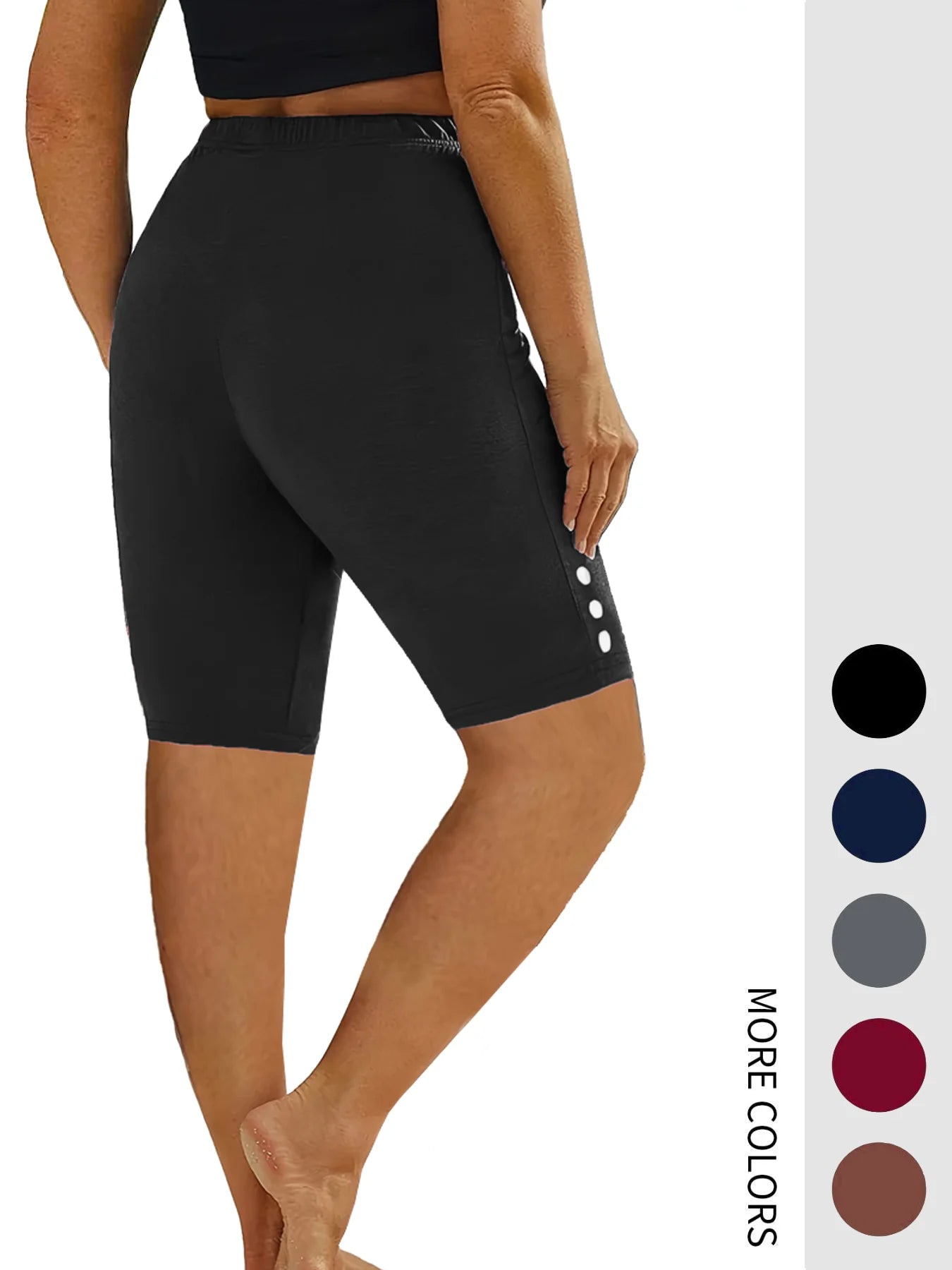 Plus-size 5-quarter pants with button embellishments and elastic waistband for fitness, capri, and running.
