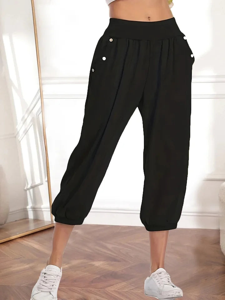 Plus-size 1XL-5XL Women's  Casual Waist Capri Pants Fashion Button-up Pants Women's Solid Color Pocket Capri Pants