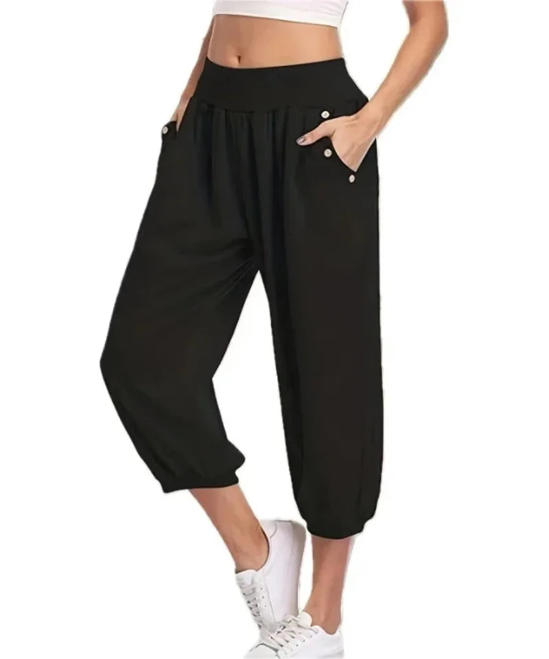 Plus-size 1XL-5XL Women's  Casual Waist Capri Pants Fashion Button-up Pants Women's Solid Color Pocket Capri Pants