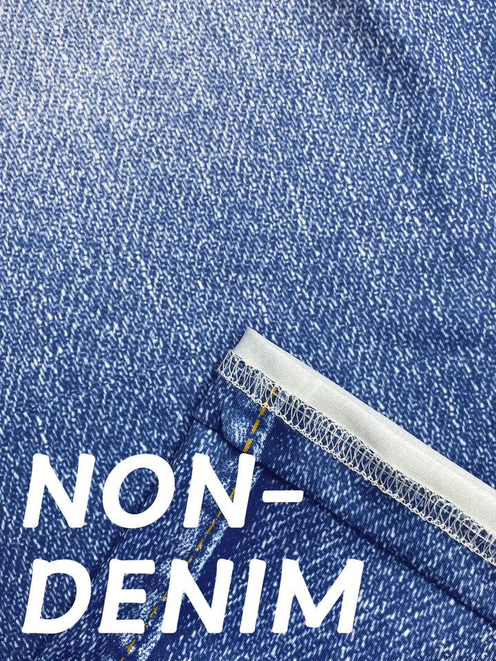 Plus Size Women's Denim Print Capri Leggings Stylish Casual Knit Stretchy Skinny Shorts with Side Button Detail Pattern Pants