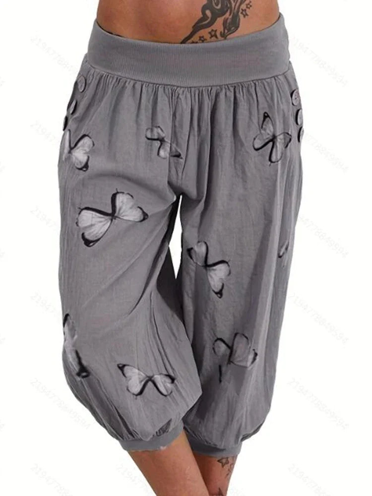 Women's Plus Size 1XL-8XL Butterfly Capri Pants Comfy Stretch Waistband Breathable Summer Style Short Sleeve T-shirt