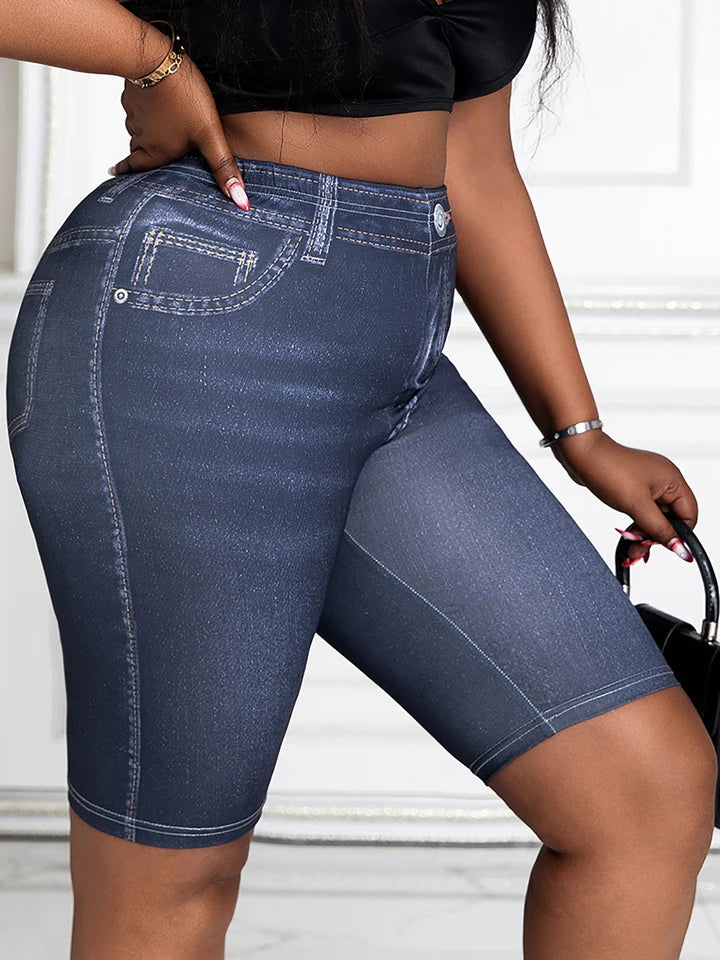 Plus Size Women's Skinny Capris Pants Imitation Denim Print Curve Female Casual Stretch Knitted Sporty Cropped Leggings Summer