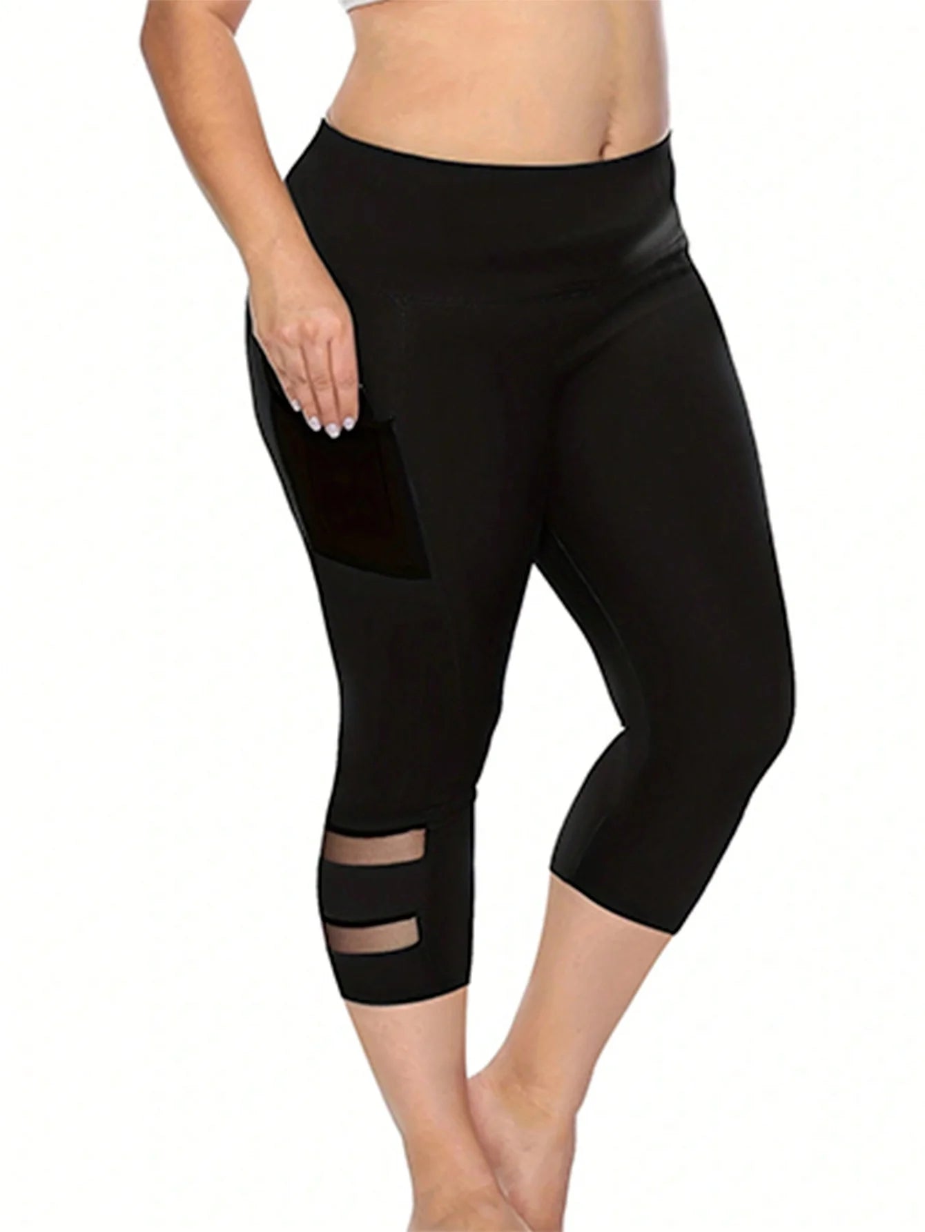 Plus Size Casual Leggings, Women's Plus Plain High Rise Contrast Mesh Capri Leggings