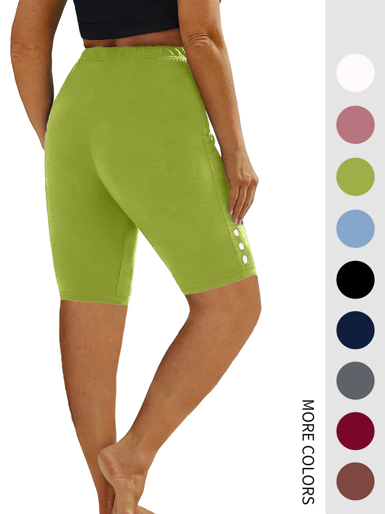 Plus-size 5-quarter pants with button embellishments and elastic waistband for fitness, capri, and running.