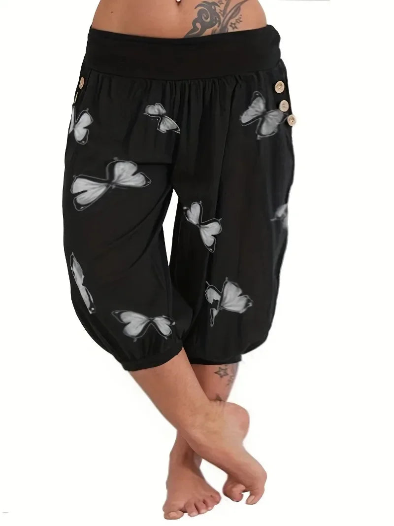 Women's Plus Size 1XL-8XL Butterfly Capri Pants Comfy Stretch Waistband Breathable Summer Style Short Sleeve T-shirt