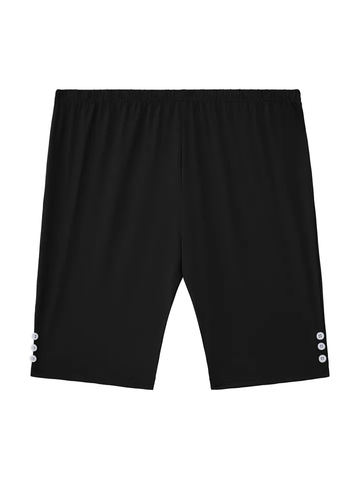 Plus-size 5-quarter pants with button embellishments and elastic waistband for fitness, capri, and running.