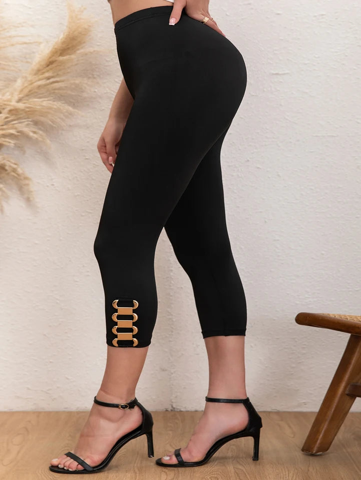 Elegant Plus Size Women's Capri Pants with Chic Metal Chain Detail High-Elasticity Fashionable Casual Solid Mid-Calf Trousers
