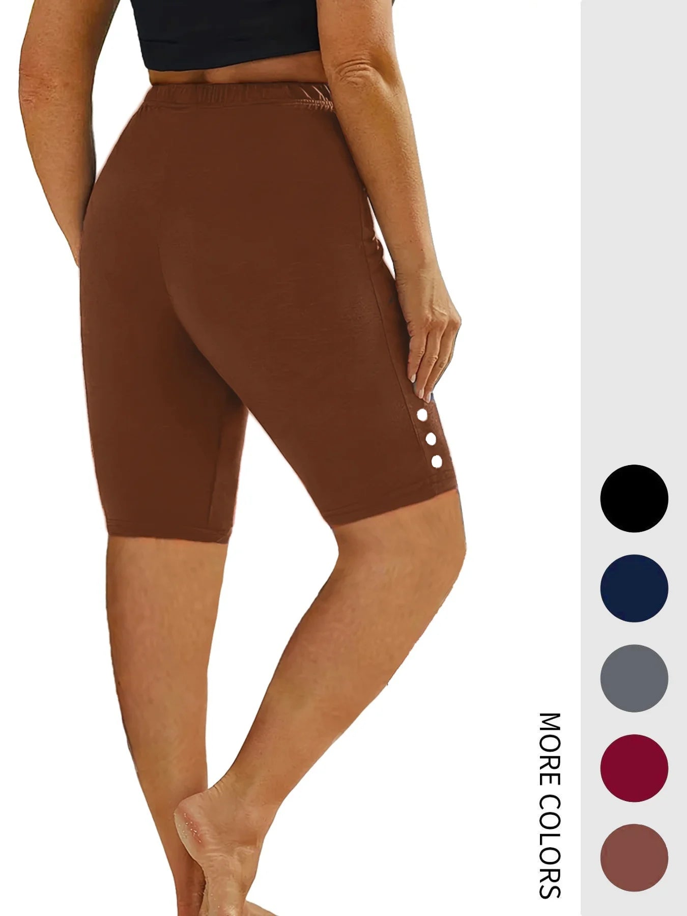 Plus-size 5-quarter pants with button embellishments and elastic waistband for fitness, capri, and running.