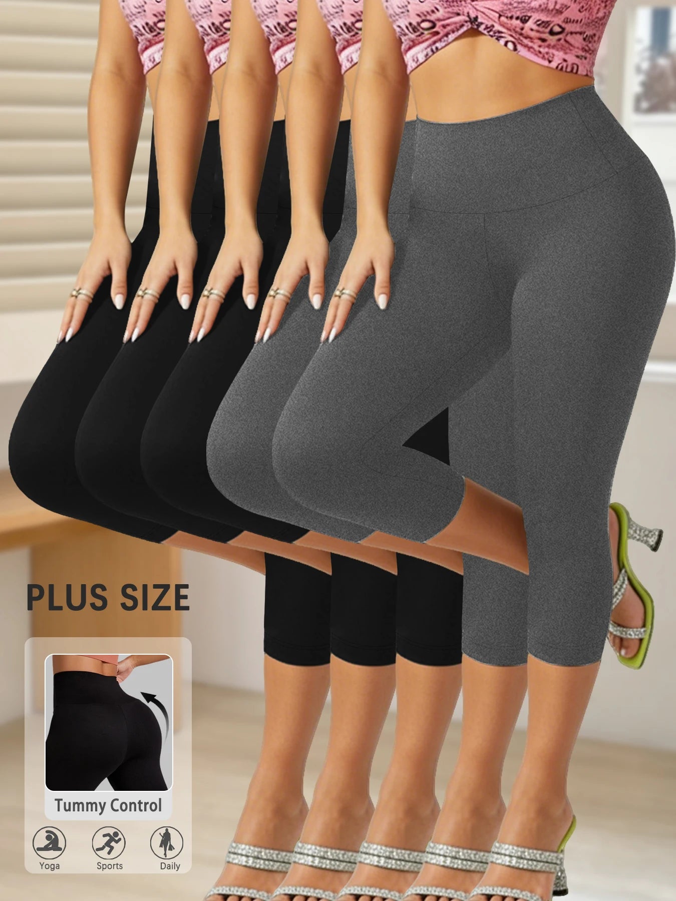 5 pack Plus Size Leggings for Women Super soft High Waisted Tummy Control Yoga Capri Pants Workout Running Leggings