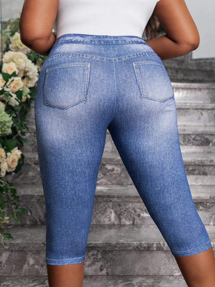 Plus Size Women's Denim Print Capri Leggings Stylish Casual Knit Stretchy Skinny Shorts with Side Button Detail Pattern Pants