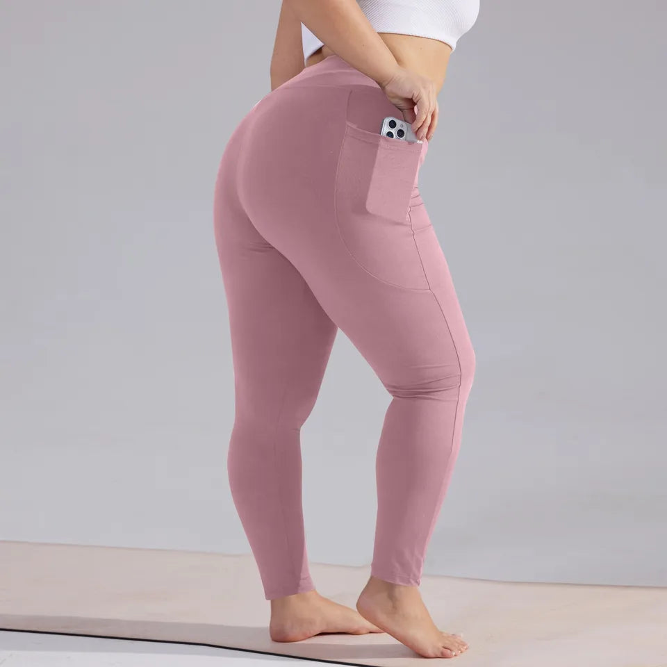 Plus size yoga pants women high waisted hip lift athletic leggings slim sports capri pants with pockets solid color sweatpants