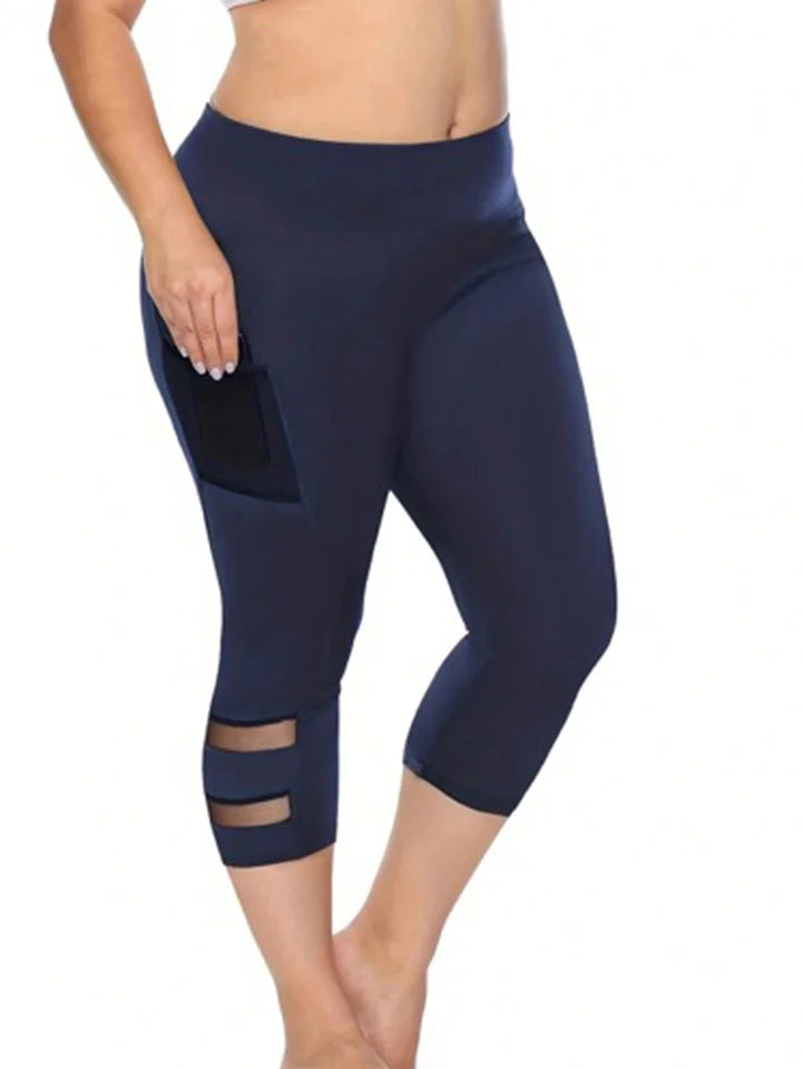 Plus Size Casual Leggings, Women's Plus Plain High Rise Contrast Mesh Capri Leggings