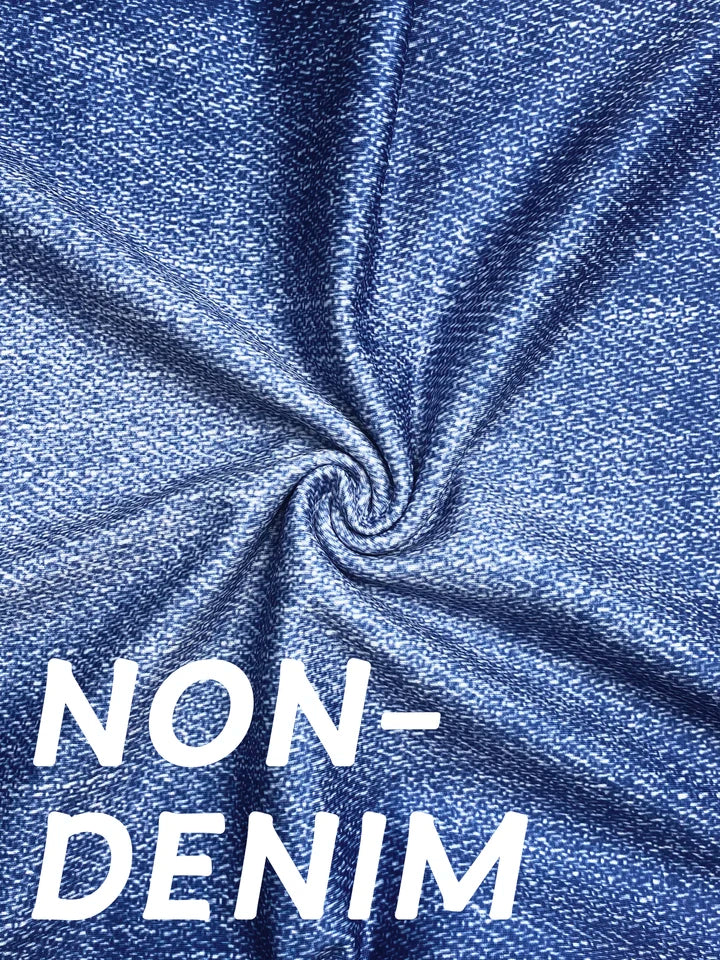 Plus Size Women's Denim Print Capri Leggings Stylish Casual Knit Stretchy Skinny Shorts with Side Button Detail Pattern Pants