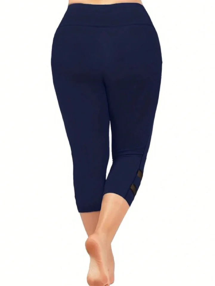 Plus Size Casual Leggings, Women's Plus Plain High Rise Contrast Mesh Capri Leggings