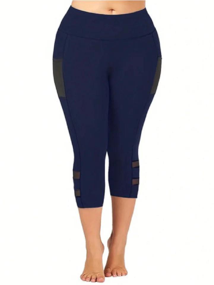 Plus Size Casual Leggings, Women's Plus Plain High Rise Contrast Mesh Capri Leggings