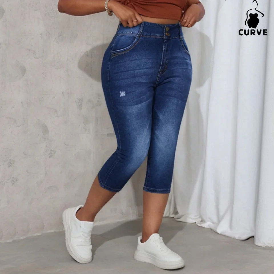 Plus-Size Women's High-Waisted Skinny Stretch Denim Capris Women's Classic Washed Versatile Straight-Leg Cropped Denim Jeans