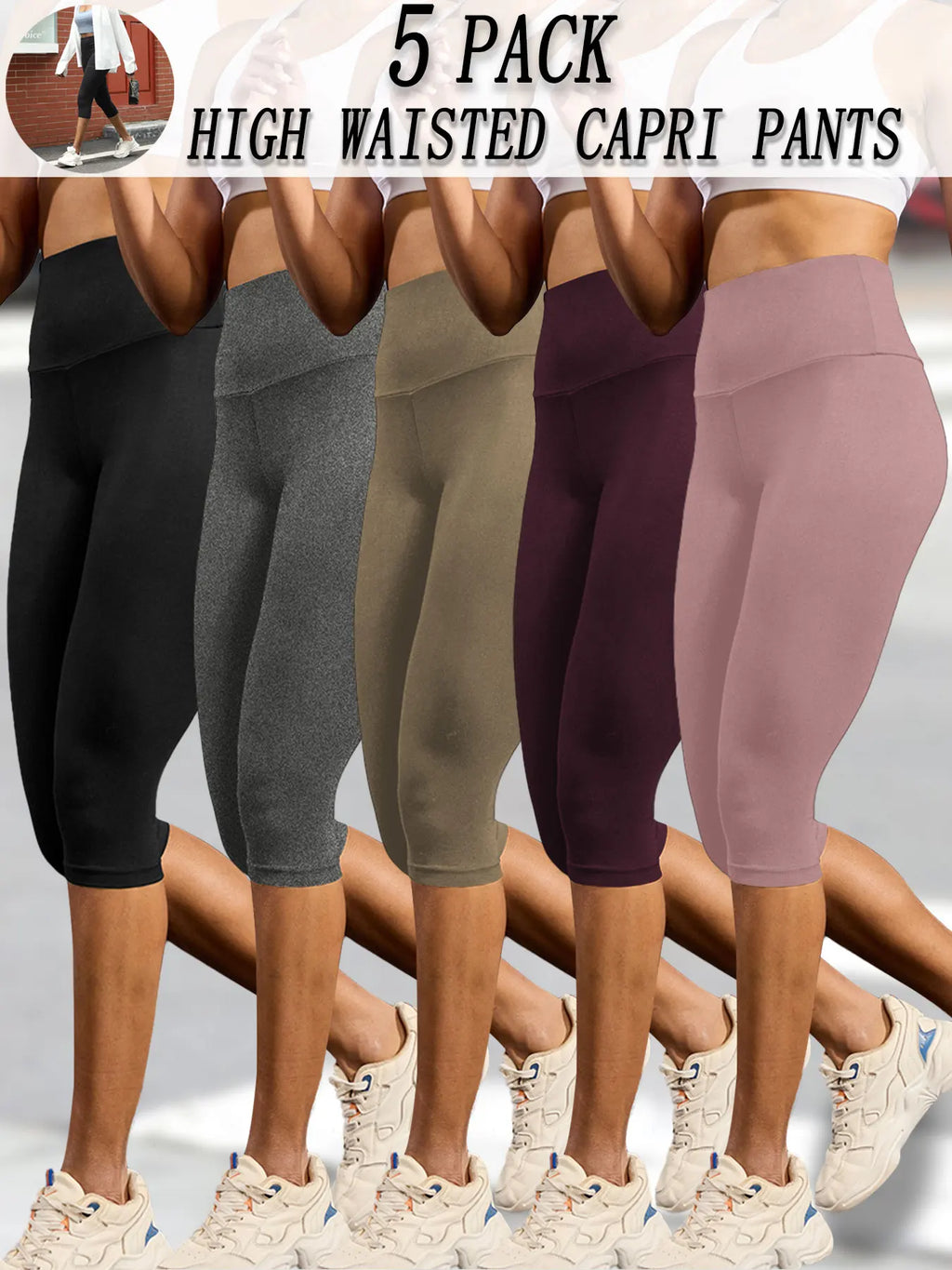 5 pack Plus Size Leggings for Women  Super soft High Waisted Tummy Control Yoga Capri Pants Workout Running Leggings
