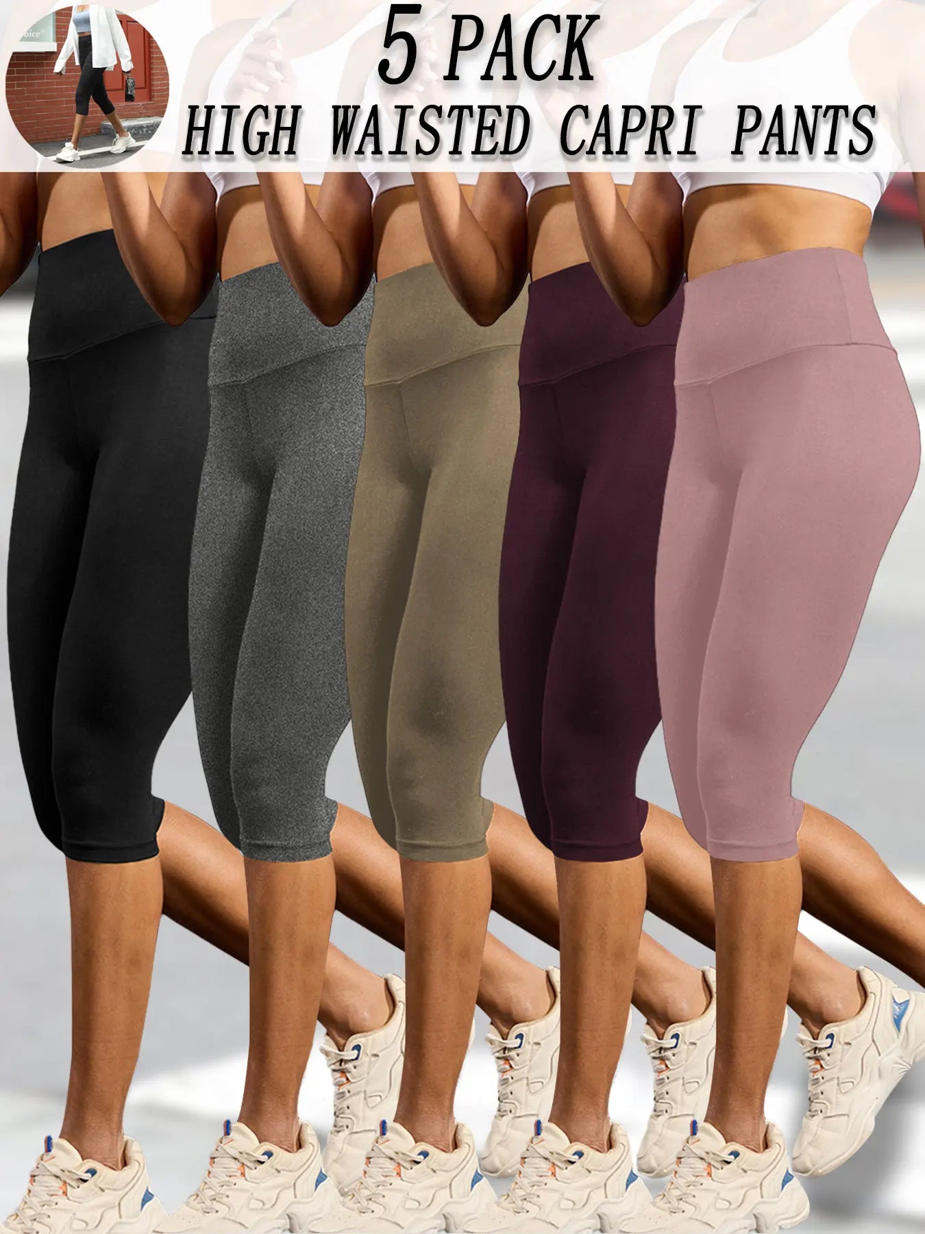 5 pack Plus Size Leggings for Women  Super soft High Waisted Tummy Control Yoga Capri Pants Workout Running Leggings