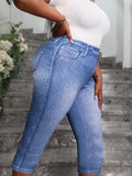 Plus Size Women's Denim Print Capri Leggings Stylish Casual Knit Stretchy Skinny Shorts with Side Button Detail Pattern Pants