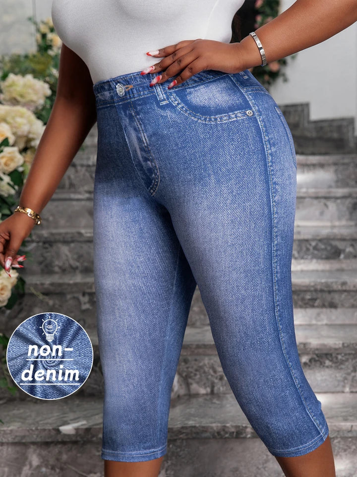 Plus Size Women's Denim Print Capri Leggings Stylish Casual Knit Stretchy Skinny Shorts with Side Button Detail Pattern Pants