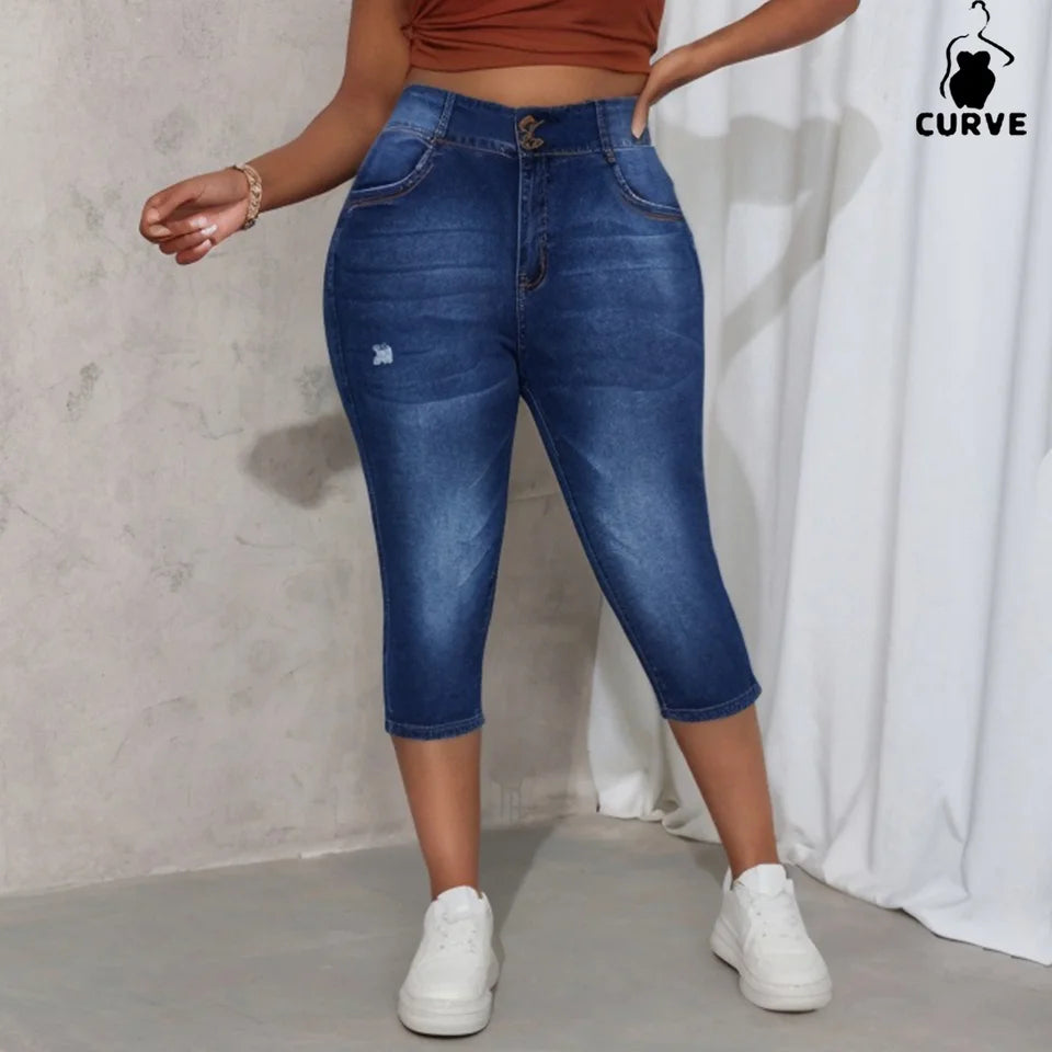 Plus-Size Women's High-Waisted Skinny Stretch Denim Capris Women's Classic Washed Versatile Straight-Leg Cropped Denim Jeans